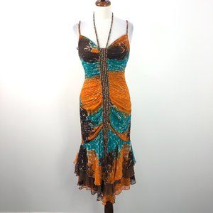 Cache Orange Teal Gathered Beaded Ruffle Dress